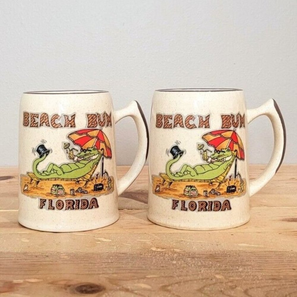 Vintage Florida Beach Bum Mug SET OF 2 Collectible Souvenir Coffee Tea Beer 5 In